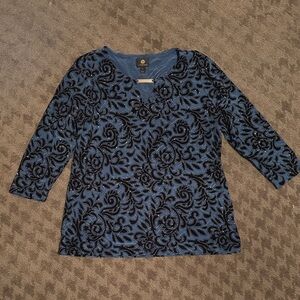JM Collection Black and Blue Patterned Blouse. Sparkly Holiday Top.